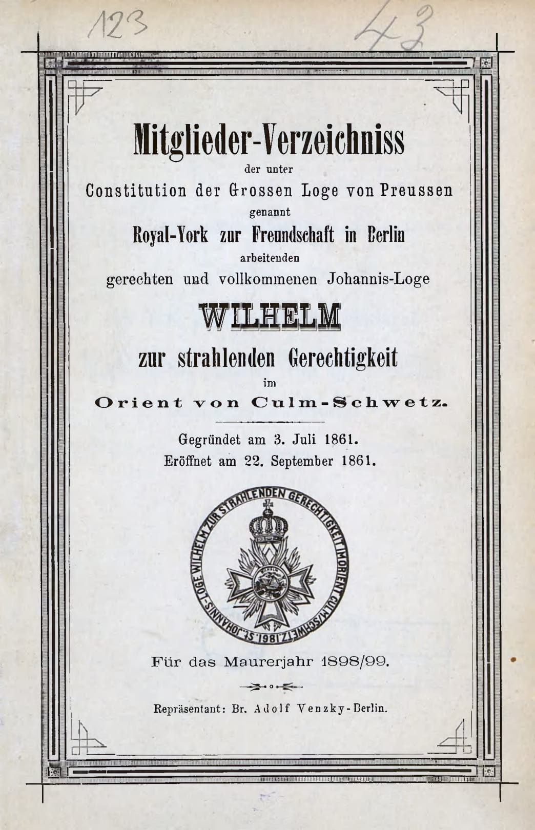 Okładka spisu członków loży 'Chełmno-Świecie' z lat 1898-99 (arch. Karola Platy-Nalborskiego)