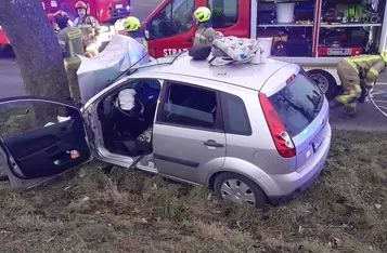 Pod Chełmnem kierowca rozbił auto na drzewie/ Fot. KP PSP Chełmno